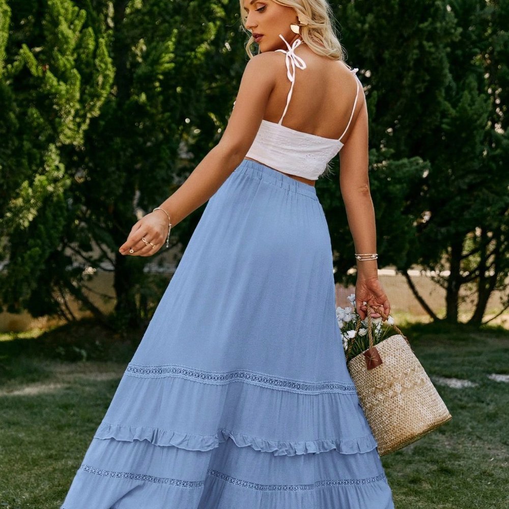 Blue Boho Womens Tie Waist Ruffle Hem Skirt - Picture 2 of 5
